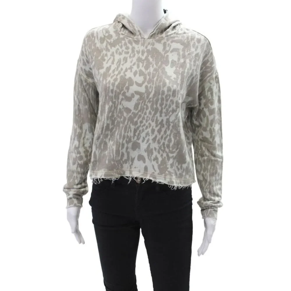Chaser Womens Cotton Animal Print Cropped Long Sleeve Hoodie Green Size XS